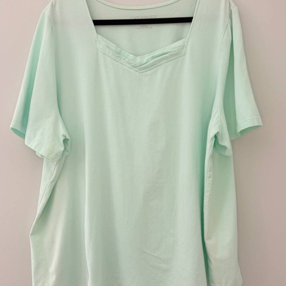 Catherines Suprema Women’s Top 2X Mint Green V‑Neck Soft Stretch Tee